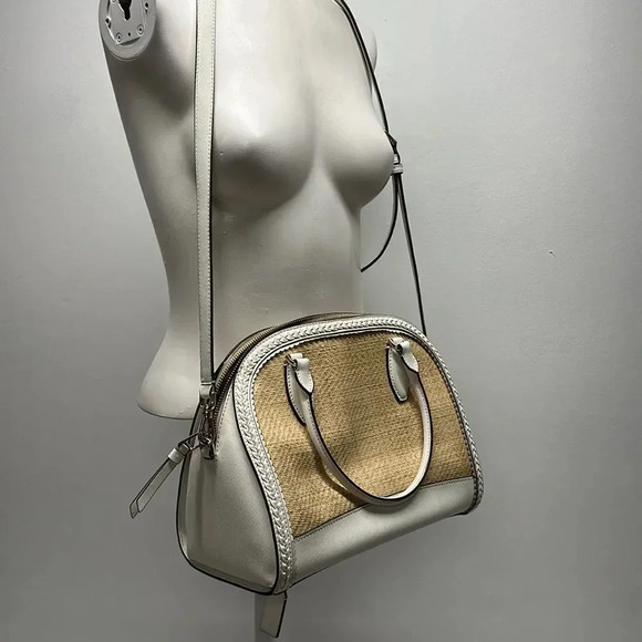 Kate Spade Reiley Dome Satchel Purse Handbag Straw Wicker Leather Trim White - Picture 6 of 14